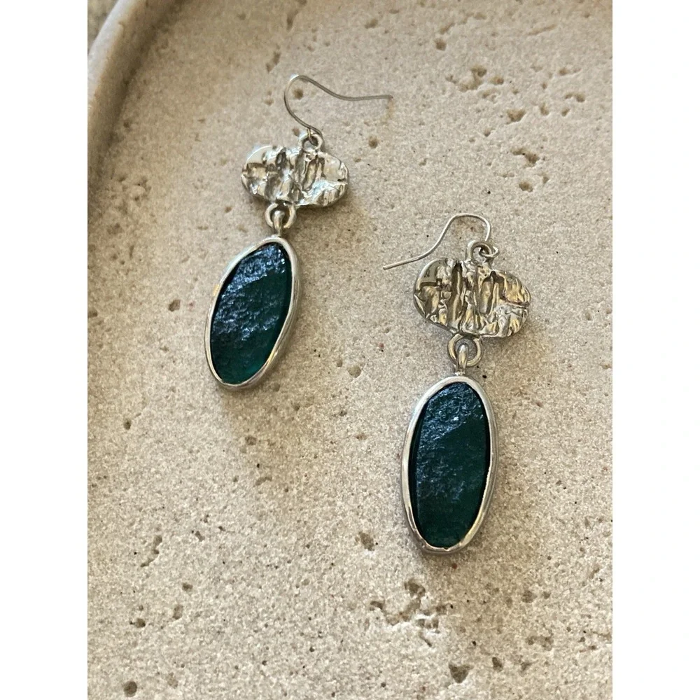 Naturalist Dangle Earrings In‎ Silver Tone & Dark Green Brutalist Modernist